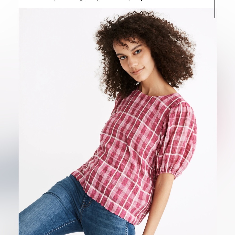 • Madewell • Women’s Plaid Puff-Sleeve Top Azalea Plaid Azalea Pink & White XS